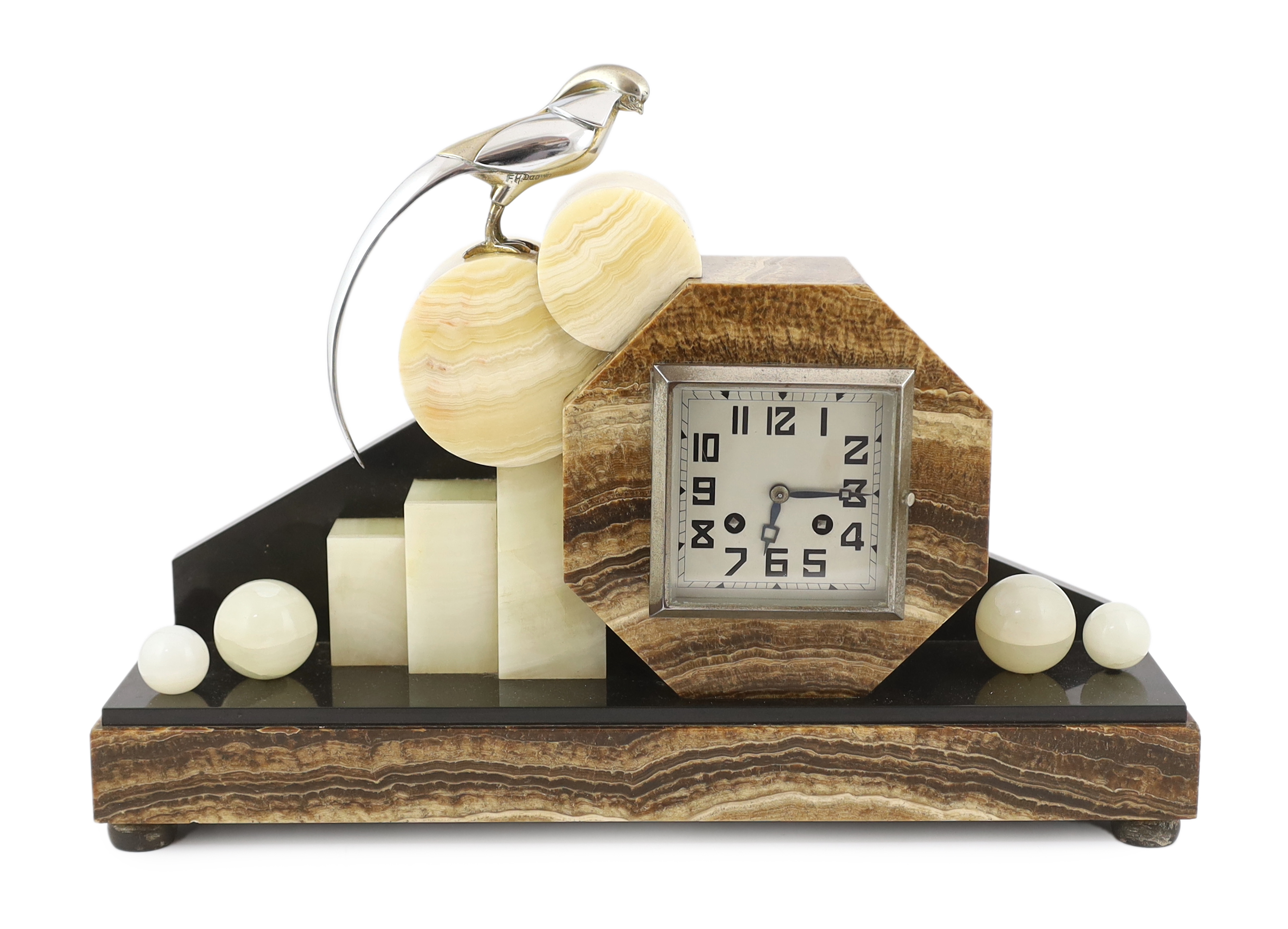 F.H. Danvin, a French Art Deco onyx and marble mantel clock